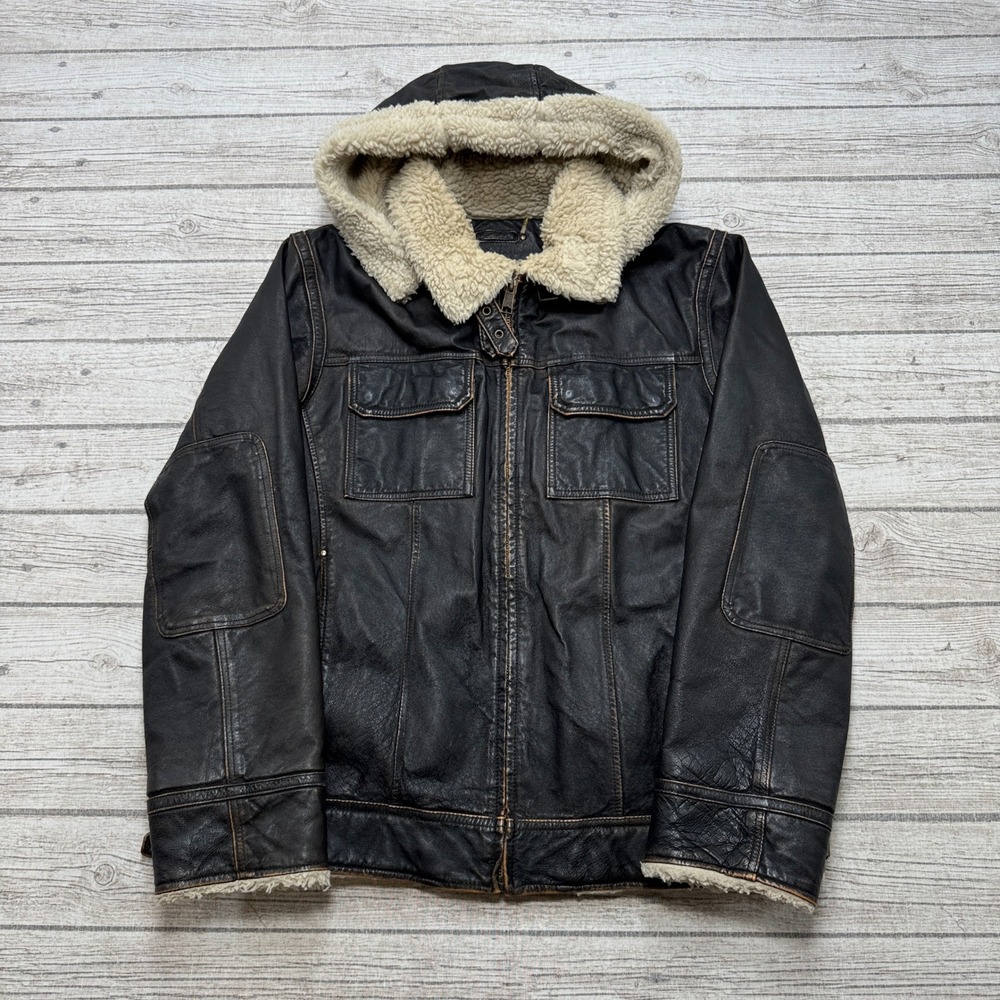 Vintage 90s Wilsons Leather Jacket Men's Large Dark Brown Sherpa Lined Hooded
